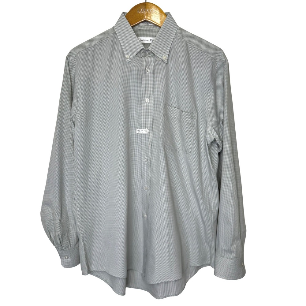 Christian Dior Checkered Button Front Dress Shirt 16.5‎ White/Green
